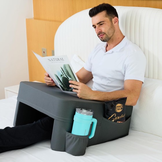 Soft Lap Desk Pillow for Laptop & Gaming,Arm Rest Laptop Lap Desk for Bed Couch with Cup Holder & Pocket,Ultimate Reading Pillow for Lap(Dark Gray, Large)