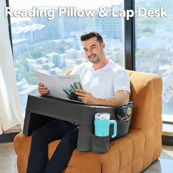Reading Pillow for Gaming,Soft Lap Desk Pillow for Laptop,Ultimate Lap Pillow with Cup Holder Pocket,Comfort Laptop Lap Desk for Bed Couch Car (Dark Gray, Extra-Large)
